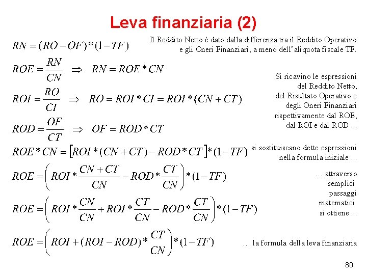 Leva finanziaria (2) Il Reddito Netto è dato dalla differenza tra il Reddito Operativo