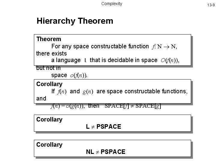 Complexity Hierarchy Theorem For any space constructable function f: N N, there exists a