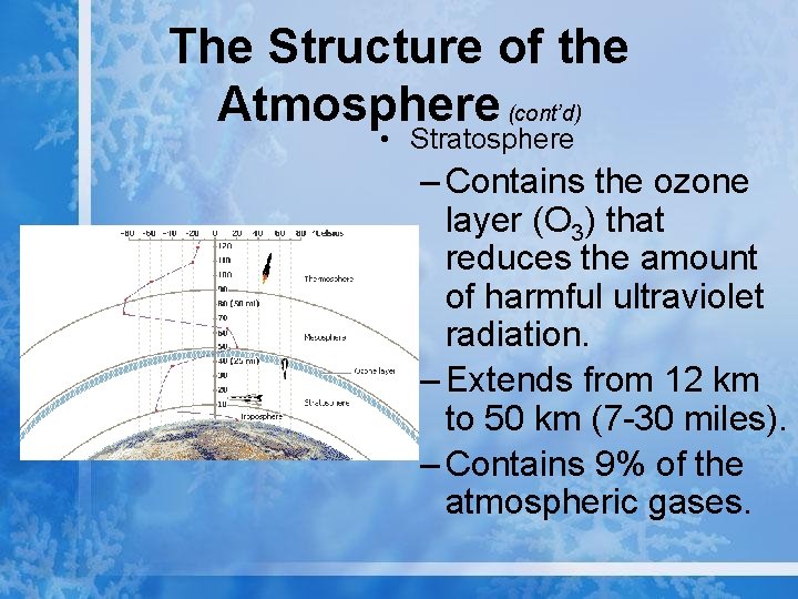 The Structure of the Atmosphere (cont’d) • Stratosphere – Contains the ozone layer (O