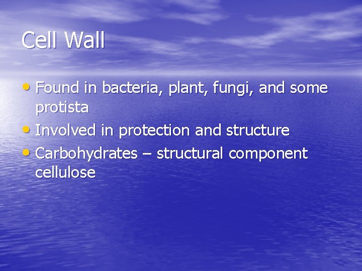 Cell Wall • Found in bacteria, plant, fungi, and some protista • Involved in