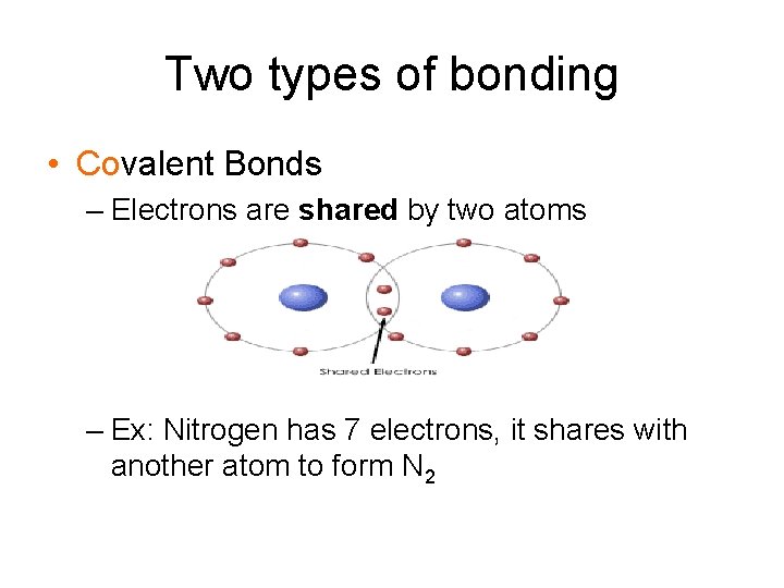 Two types of bonding • Covalent Bonds – Electrons are shared by two atoms