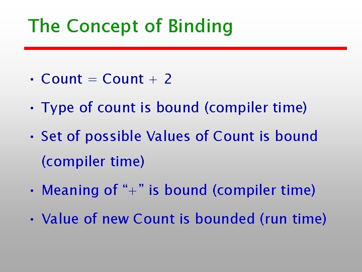 The Concept of Binding • Count = Count + 2 • Type of count The Concept of Binding • Count = Count + 2 • Type of count