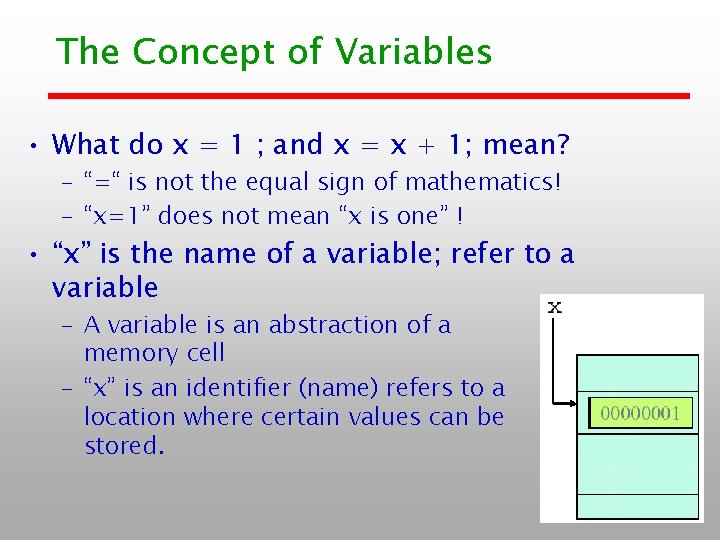 The Concept of Variables • What do x = 1 ; and x = The Concept of Variables • What do x = 1 ; and x =