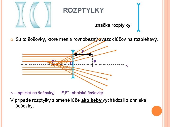 ROZPTYLKY značka rozptylky: Sú to šošovky, ktoré menia rovnobežný zväzok lúčov na rozbiehavý. f