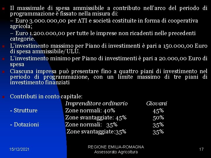 n n n Il massimale di spesa ammissibile a contributo nell’arco del periodo di