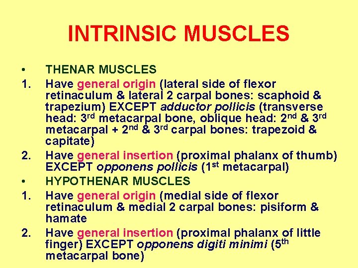 INTRINSIC MUSCLES • 1. 2. • 1. 2. THENAR MUSCLES Have general origin (lateral