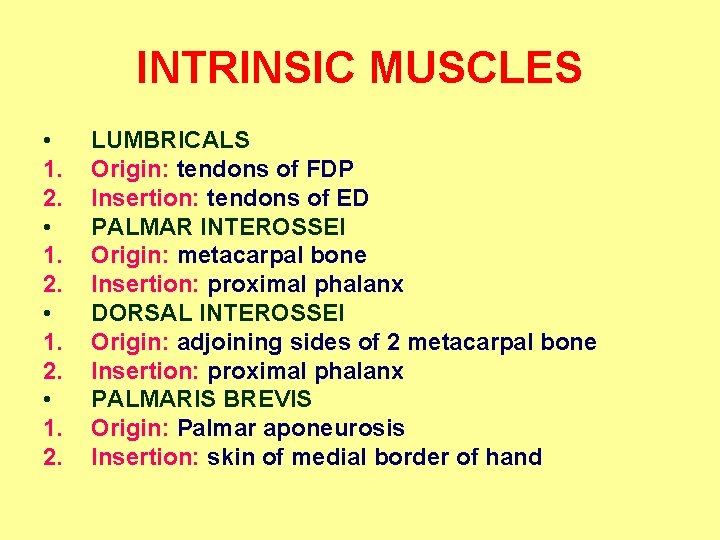 INTRINSIC MUSCLES • 1. 2. LUMBRICALS Origin: tendons of FDP Insertion: tendons of ED