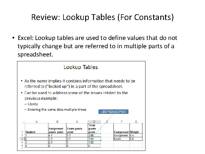 Review: Lookup Tables (For Constants) • Excel: Lookup tables are used to define values