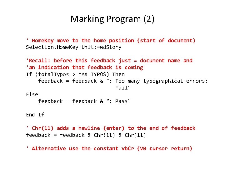 Marking Program (2) ' Home. Key move to the home position (start of document)