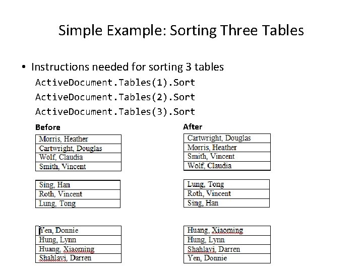 Simple Example: Sorting Three Tables • Instructions needed for sorting 3 tables Active. Document.