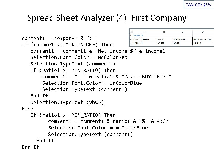 TAMCO: 33% Spread Sheet Analyzer (4): First Company comment 1 = company 1 &