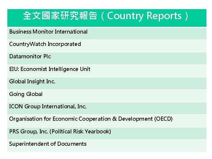 全文國家研究報告（Country Reports） Business Monitor International Country. Watch Incorporated Datamonitor Plc EIU: Economist Intelligence Unit