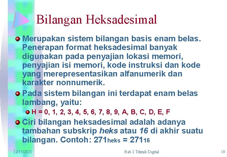 Bilangan Heksadesimal Merupakan sistem bilangan basis enam belas. Penerapan format heksadesimal banyak digunakan pada