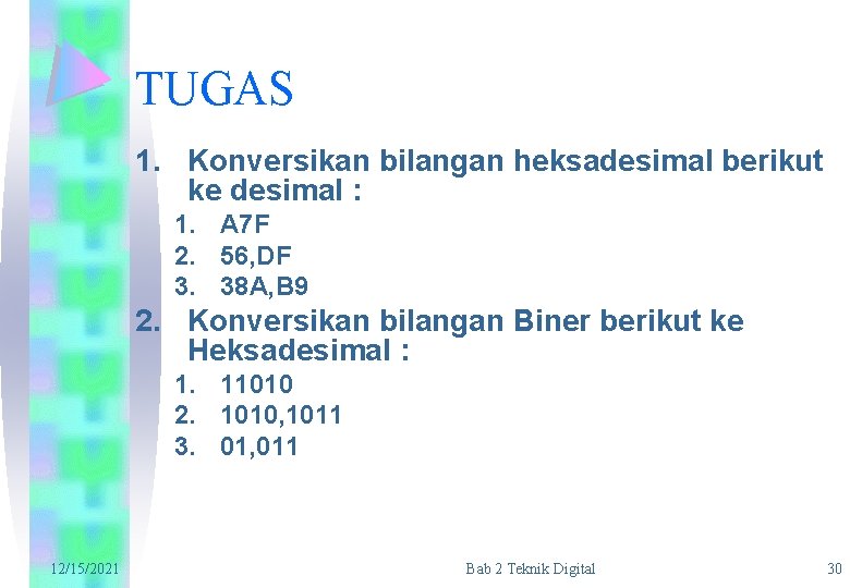 TUGAS 1. Konversikan bilangan heksadesimal berikut ke desimal : 1. A 7 F 2.