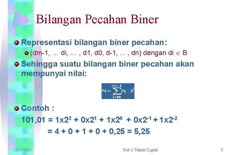 Bilangan Pecahan Biner Representasi bilangan biner pecahan: (dm-1, … di, … , d 1,