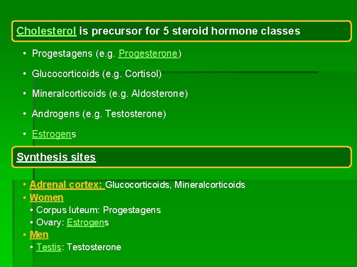 Cholesterol is precursor for 5 steroid hormone classes • Progestagens (e. g. Progesterone) • Cholesterol is precursor for 5 steroid hormone classes • Progestagens (e. g. Progesterone) •