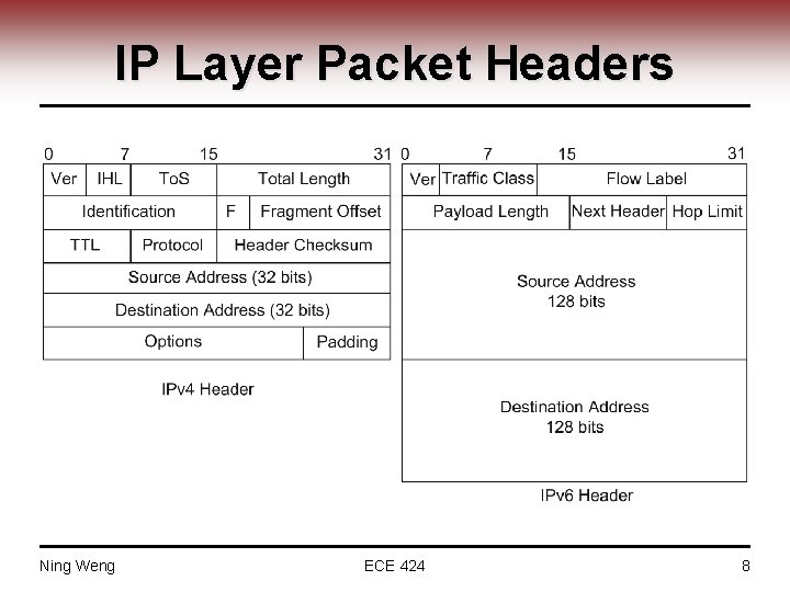 IP Layer Packet Headers Ning Weng ECE 424 8 