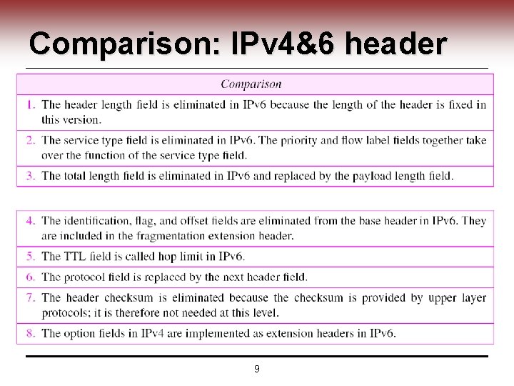 Comparison: IPv 4&6 header 9 