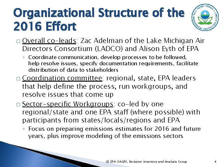 Organizational Structure of the 2016 Effort � Overall co-leads: Zac Adelman of the Lake