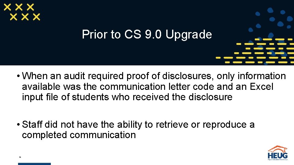 Prior to CS 9. 0 Upgrade • When an audit required proof of disclosures,