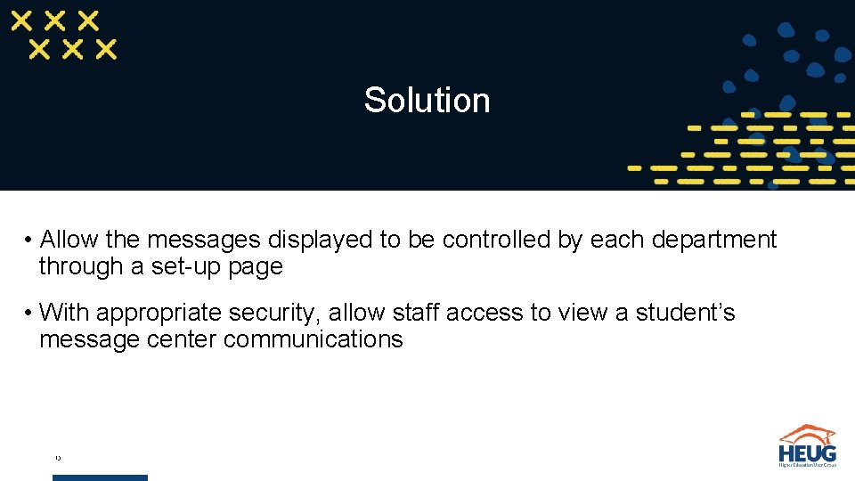 Solution • Allow the messages displayed to be controlled by each department through a