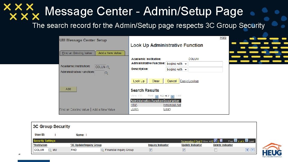 Message Center - Admin/Setup Page The search record for the Admin/Setup page respects 3
