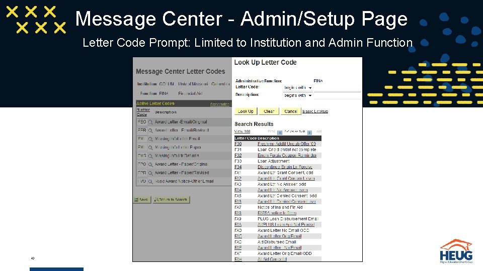Message Center - Admin/Setup Page Letter Code Prompt: Limited to Institution and Admin Function