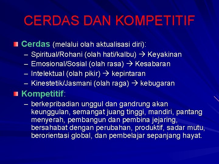 CERDAS DAN KOMPETITIF Cerdas (melalui olah aktualisasi diri): – – Spiritual/Rohani (olah hati/kalbu) Keyakinan CERDAS DAN KOMPETITIF Cerdas (melalui olah aktualisasi diri): – – Spiritual/Rohani (olah hati/kalbu) Keyakinan