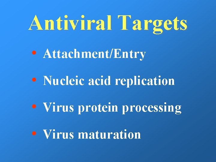 Antiviral Targets • Attachment/Entry • Nucleic acid replication • Virus protein processing • Virus