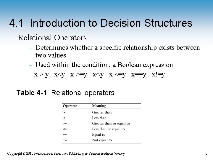 4. 1 Introduction to Decision Structures Relational Operators – Determines whether a specific relationship 4. 1 Introduction to Decision Structures Relational Operators – Determines whether a specific relationship