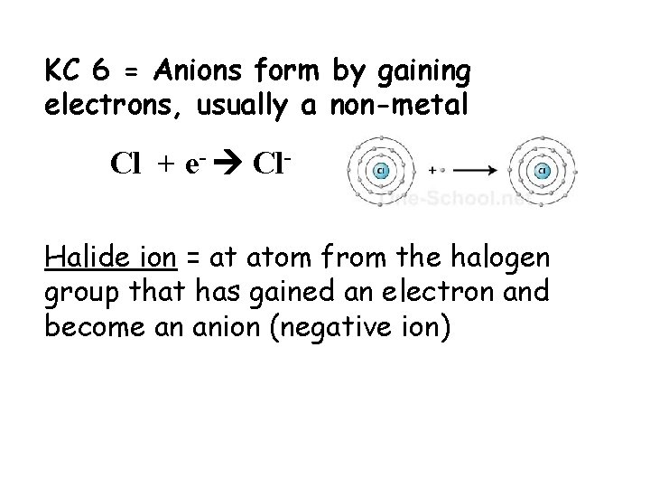 KC 6 = Anions form by gaining electrons, usually a non-metal Cl + e-