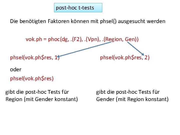post-hoc t-tests Die benötigten Faktoren können mit phsel() ausgesucht werden vok. ph = phoc(dg,