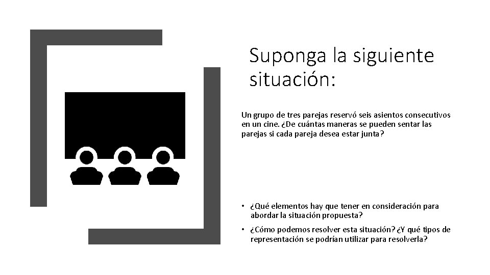 Suponga la siguiente situación: Un grupo de tres parejas reservó seis asientos consecutivos en