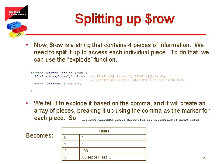 Splitting up $row • Now, $row is a string that contains 4 pieces of