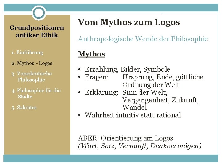Grundpositionen antiker Ethik 1. Einführung 2. Mythos - Logos 3. Vorsokratische Philosophie 4. Philosophie