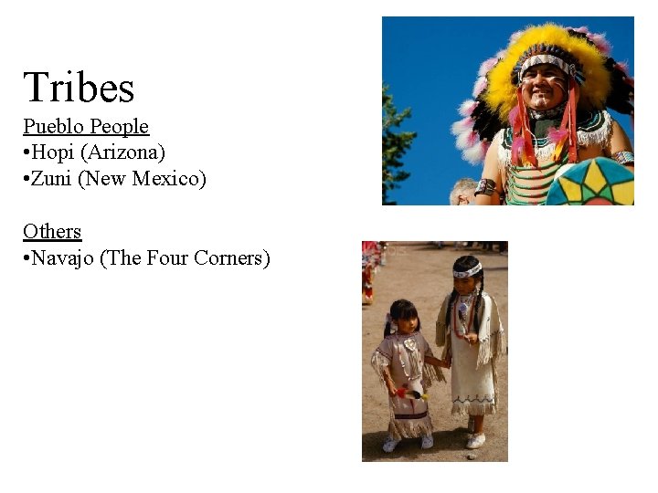 Tribes Pueblo People • Hopi (Arizona) • Zuni (New Mexico) Others • Navajo (The
