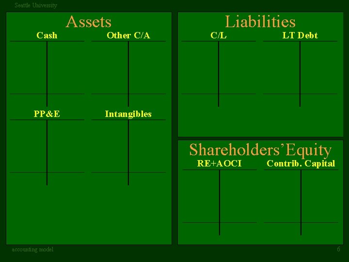 Seattle University Cash PP&E Assets Other C/A Liabilities C/L LT Debt Intangibles Shareholders’Equity RE+AOCI