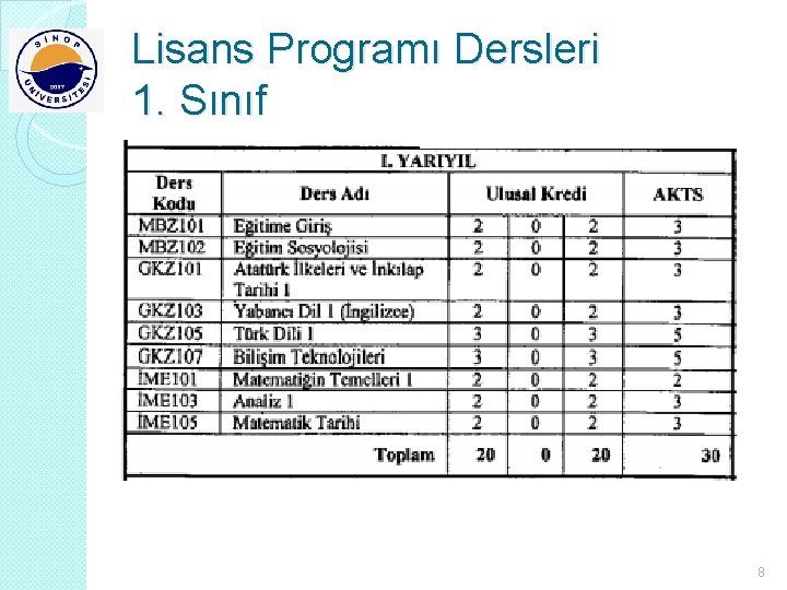 Lisans Programı Dersleri 1. Sınıf 8 