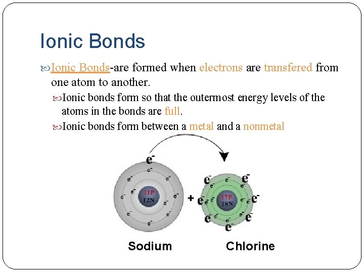 Ionic Bonds-are formed when electrons are transfered from one atom to another. Ionic bonds