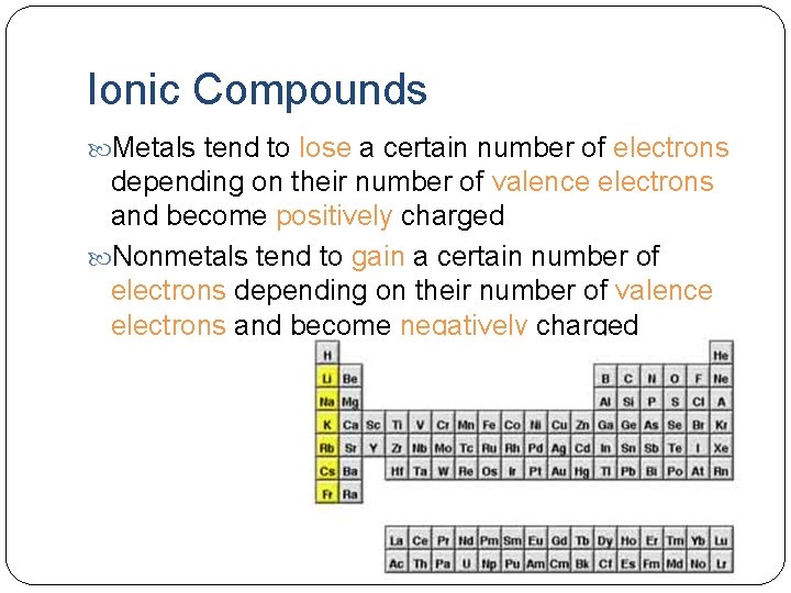 Ionic Compounds Metals tend to lose a certain number of electrons depending on their