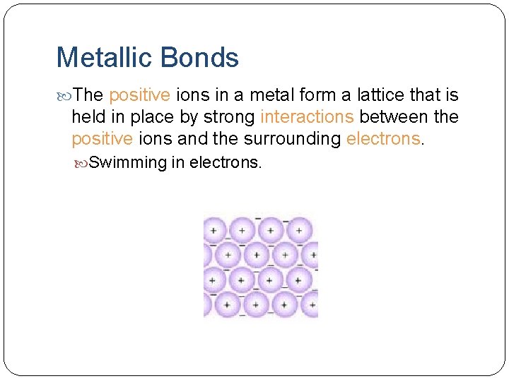 Metallic Bonds The positive ions in a metal form a lattice that is held