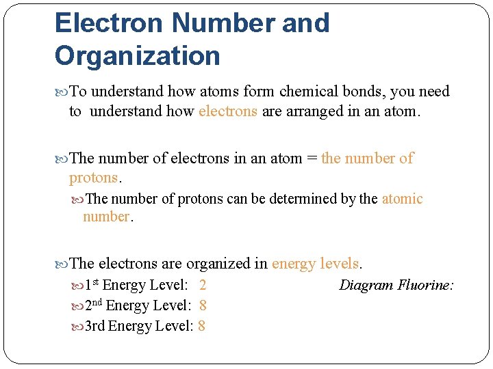 Electron Number and Organization To understand how atoms form chemical bonds, you need to