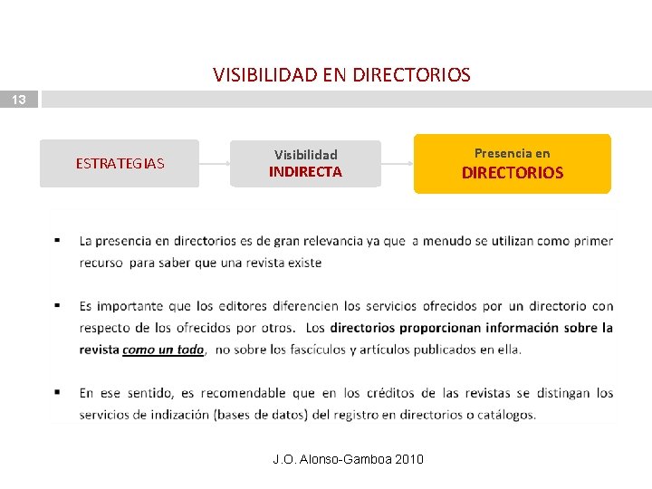 VISIBILIDAD EN DIRECTORIOS 13 ESTRATEGIAS Visibilidad INDIRECTA J. O. Alonso-Gamboa 2010 Presencia en DIRECTORIOS