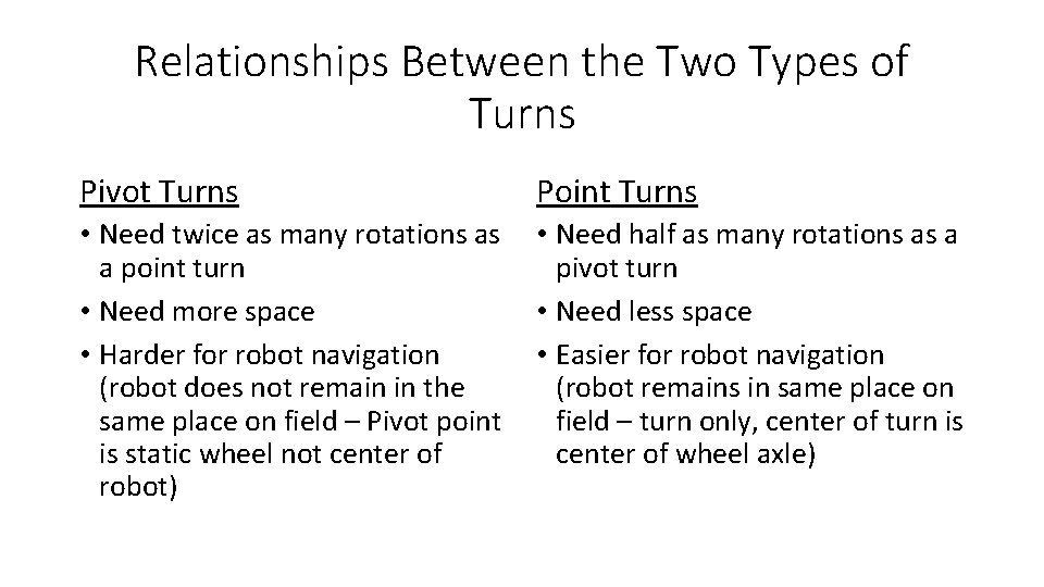 Relationships Between the Two Types of Turns Pivot Turns Point Turns • Need twice