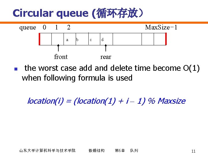 Circular queue (循环存放） queue 0 1 2 a front n Max. Size-1 b c