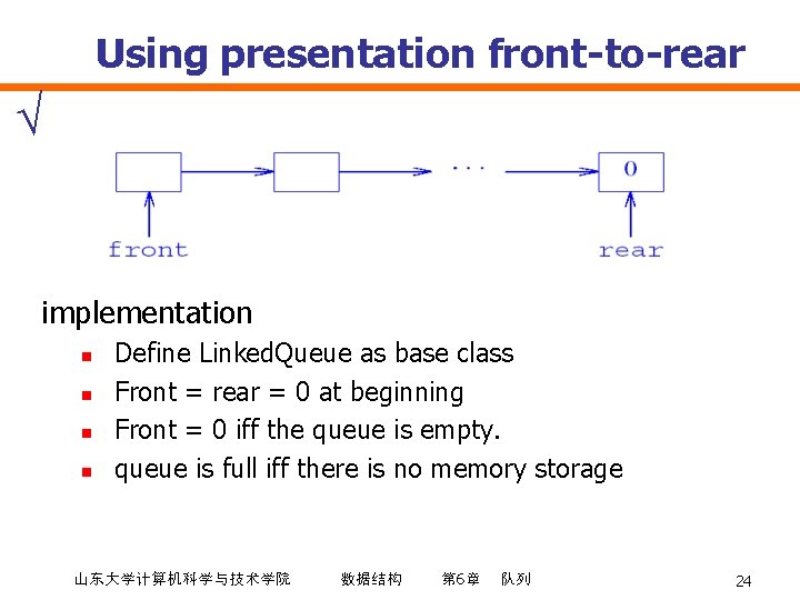 Using presentation front-to-rear implementation n n Define Linked. Queue as base class Front =