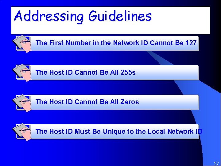 Addressing Guidelines The First Number in the Network ID Cannot Be 127 The Host