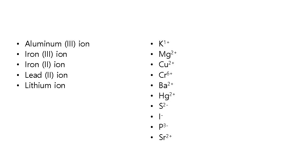  • • • Aluminum (III) ion Iron (II) ion Lead (II) ion Lithium