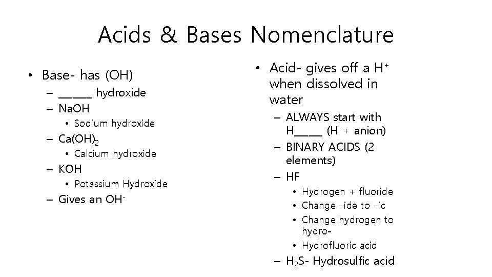Acids & Bases Nomenclature • Base- has (OH) – _______ hydroxide – Na. OH