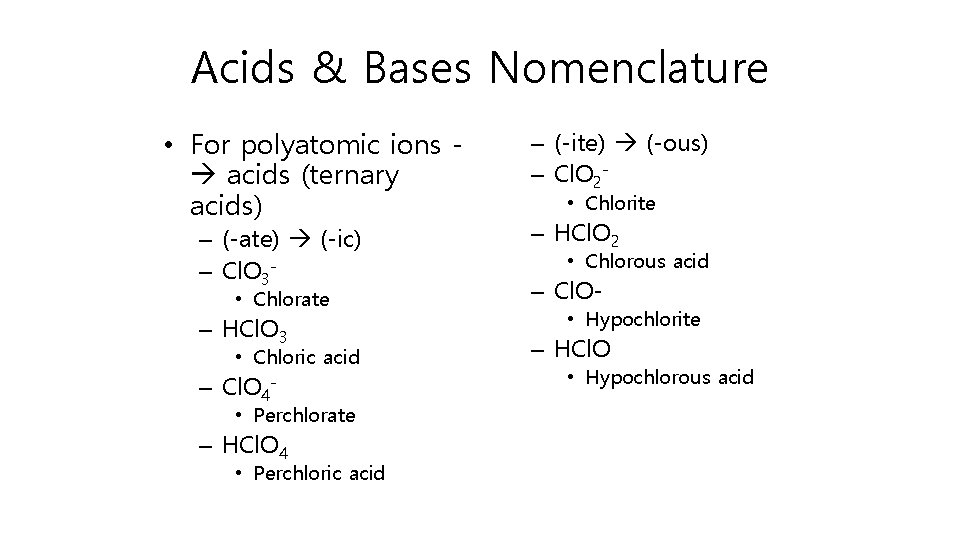 Acids & Bases Nomenclature • For polyatomic ions acids (ternary acids) – (-ate) (-ic)